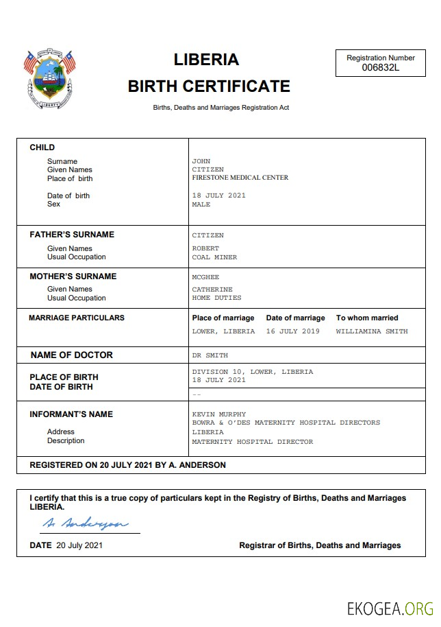 Modèle Word et PDF d'acte de naissance d'acte d'état civil au Libéria